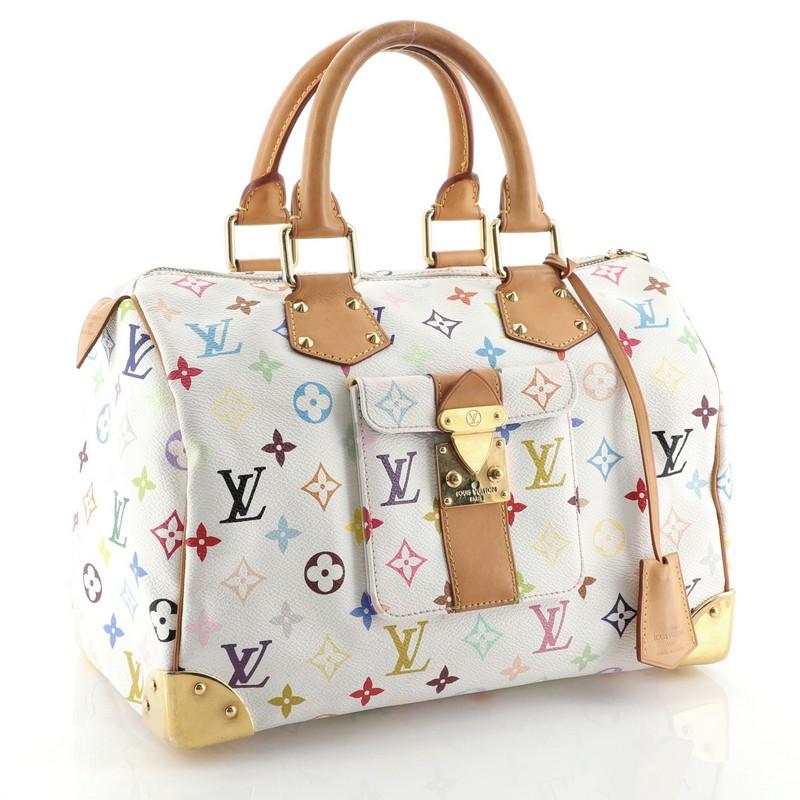 This Louis Vuitton Speedy Handbag Monogram Multicolor 30, crafted from white monogram multicolor coated canvas, features dual rolled vachetta handles, front flap pocket with S-lock closure and gold-tone hardware. Its top zip closure opens to a red