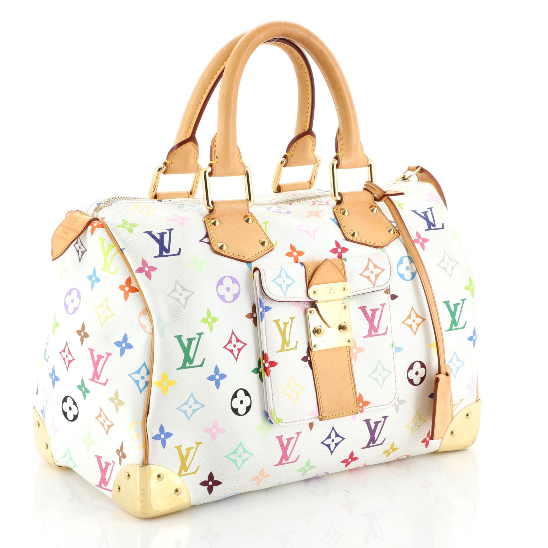 This Louis Vuitton Speedy Handbag Monogram Multicolor 30, crafted from white monogram multicolor coated canvas, features dual rolled vachetta handles, front flap pocket with S-lock closure, and gold-tone hardware. Its top zip closure opens to a red