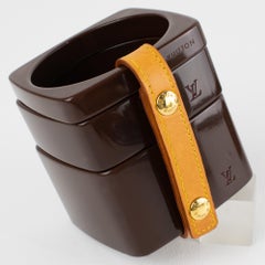 Louis Vuitton Square Cocoa Acrylic Bracelet Bangle Set with Stitched Leather