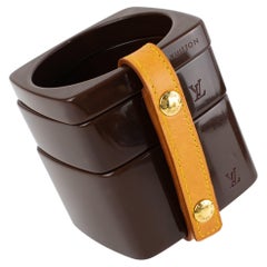 Louis Vuitton Square Cocoa Acrylic Bracelet Bangle Set with Stitched Leather