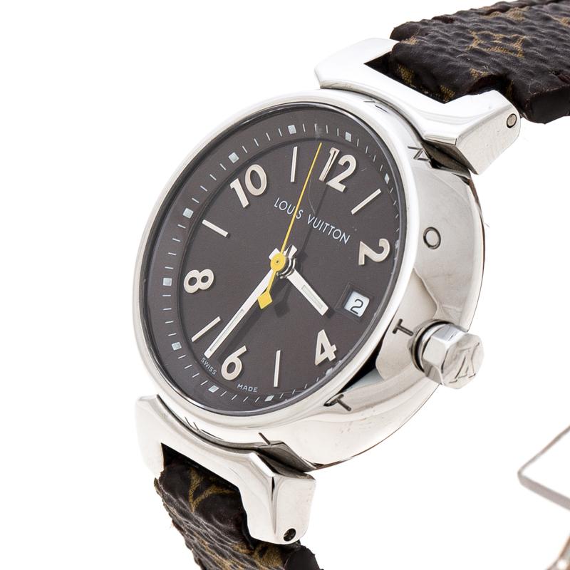 Louis Vuitton Stainless Steel Monogram Tambour Q1211 Women's Wristwatch 28  mm For Sale at 1stDibs