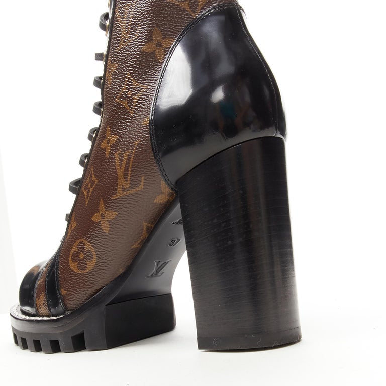 Louis Vuitton Brown, Pattern Print LV Monogram Lace-Up Boots It 38 | 8
