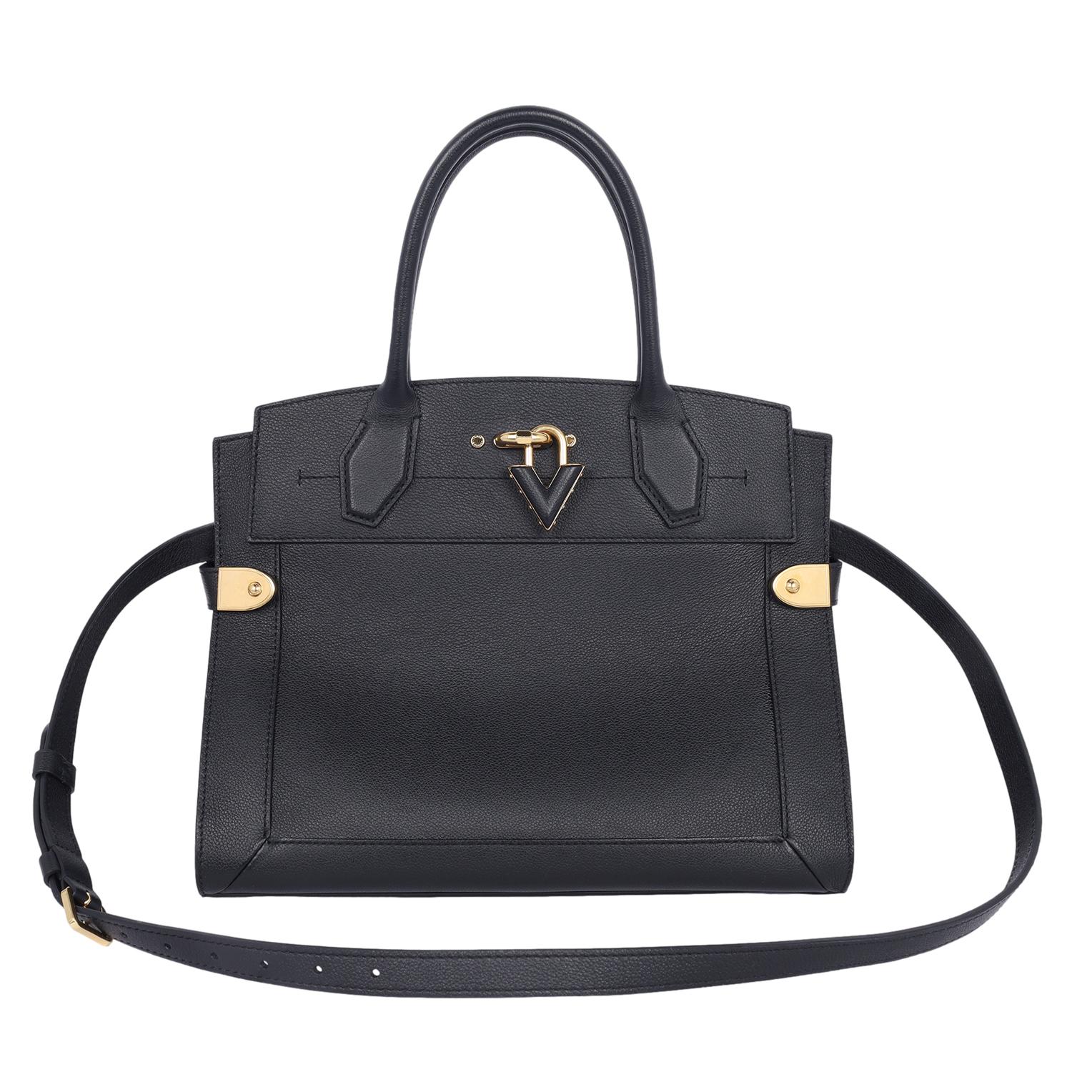 Authentic, pre-loved Louis Vuitton Black Steamer MM in grained calfskin leather. Features a structured body, turn-lock closure with a “V” padlock, and gold-finish angle brackets that adjust the bag’s width, top handles with removable strap. The