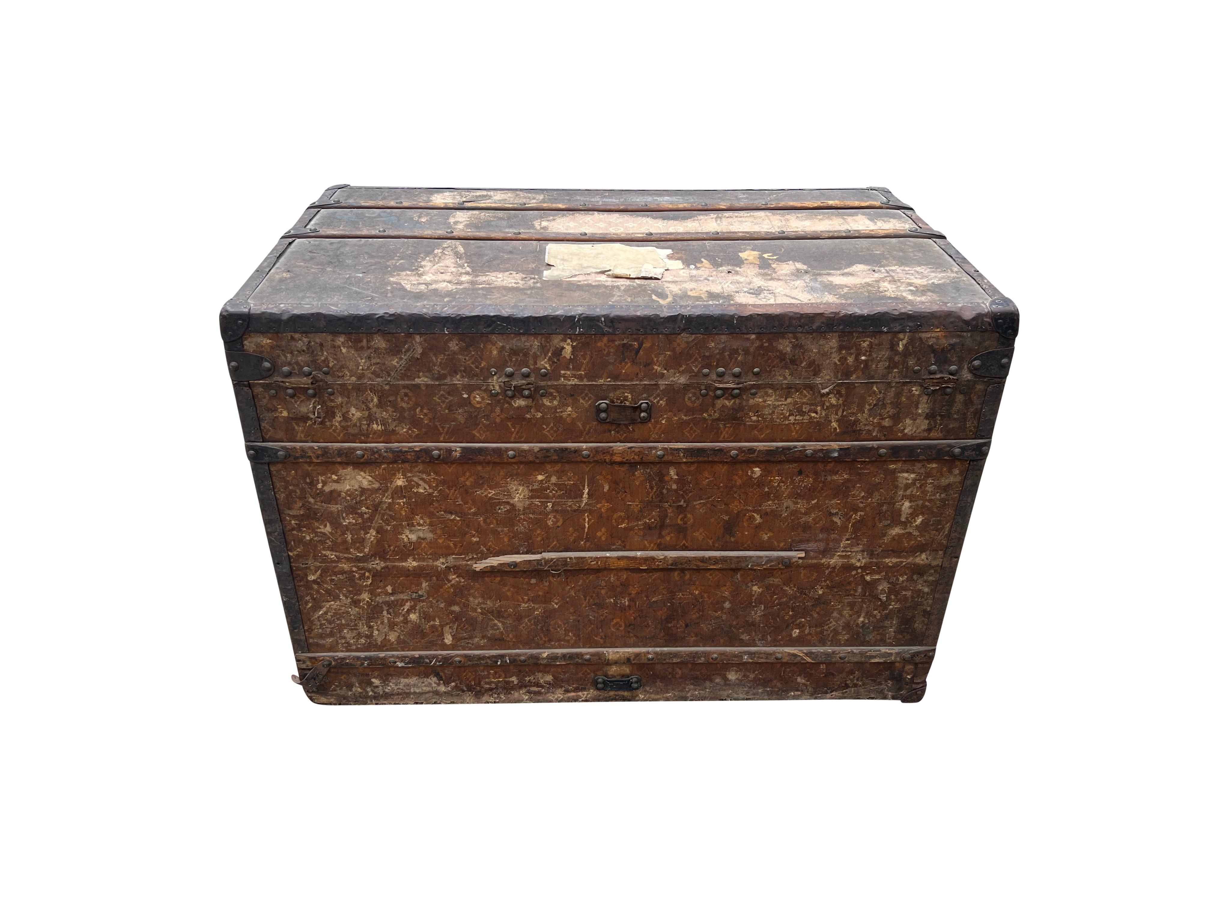 Louis Vuitton Steamer Trunk In Distressed Condition In Essex, MA