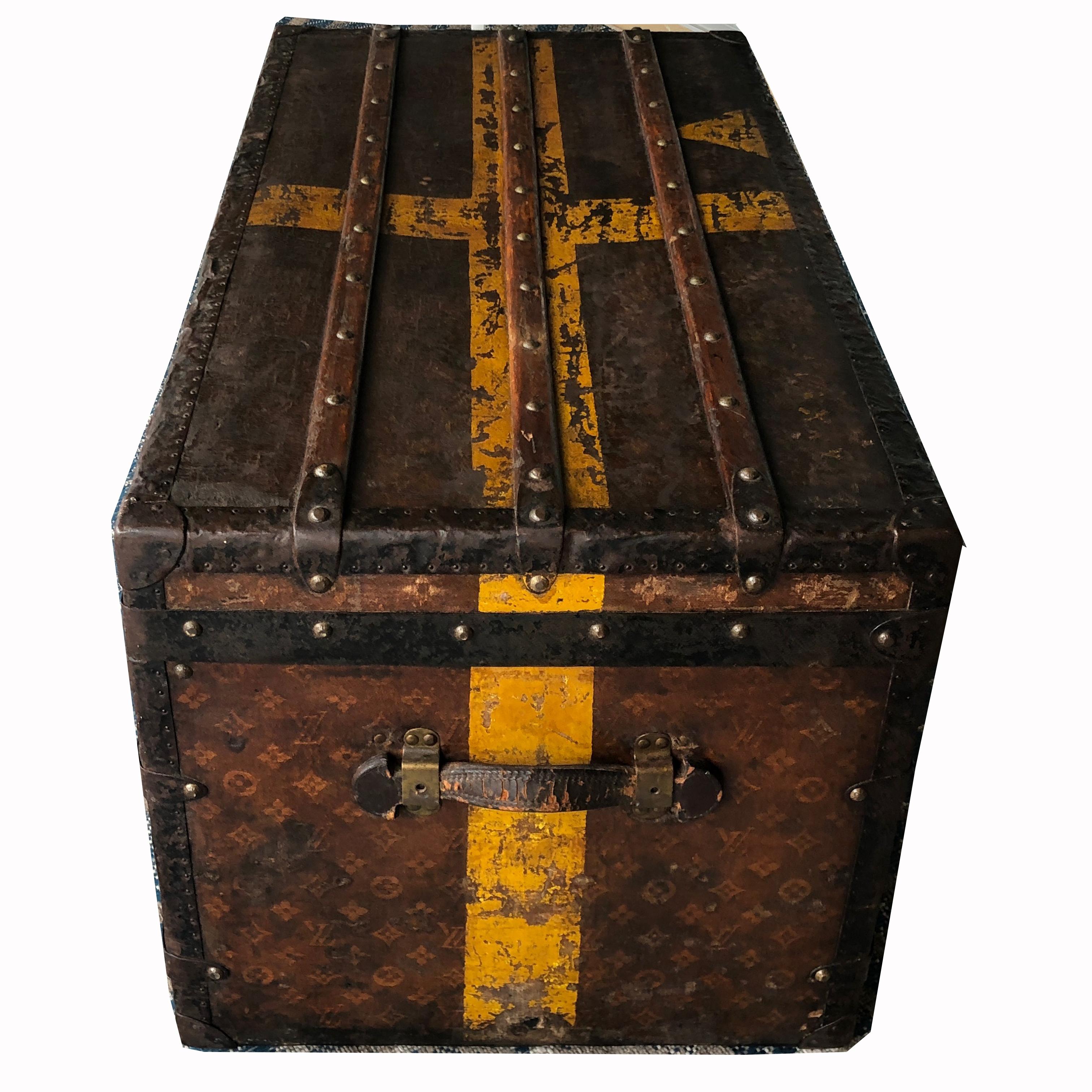 Louis Vuitton Steamer Trunk Monogram Canvas with 3 Insert Trays Early 20th C In Fair Condition In Port Saint Lucie, FL
