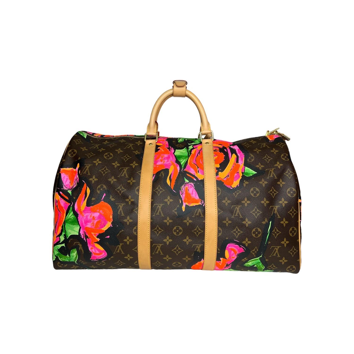 This Louis Vuitton Monogram Roses Keepall 50 was made in France in 2008 and it is finely crafted of the classic Louis Vuitton Monogram canvas exterior with vibrant rose paintings with leather trimming and gold-tone hardware features. It has rolled