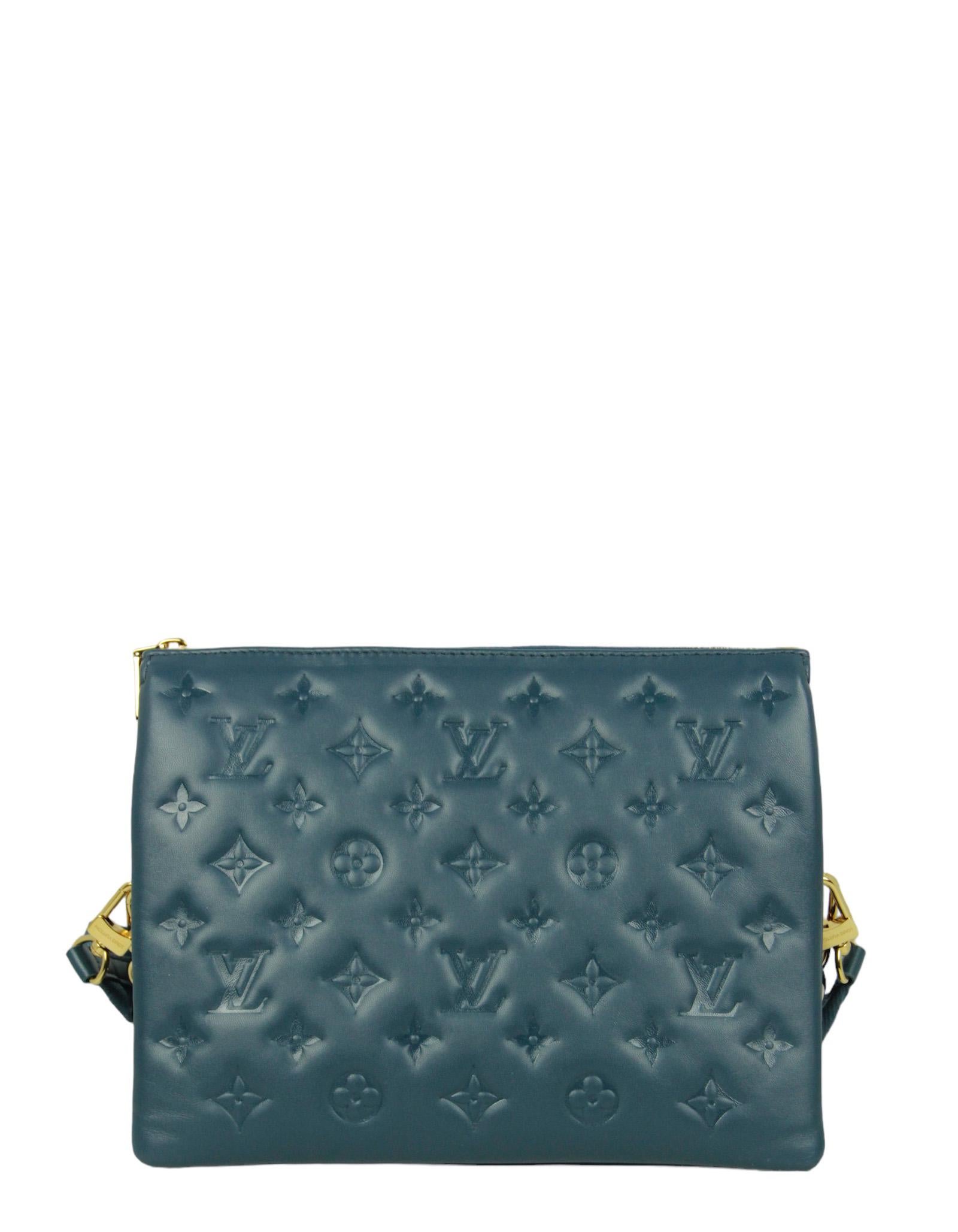 Louis Vuitton Storm Blue Leather Embossed Monogram Coussin PM Bag In Excellent Condition In New York, NY