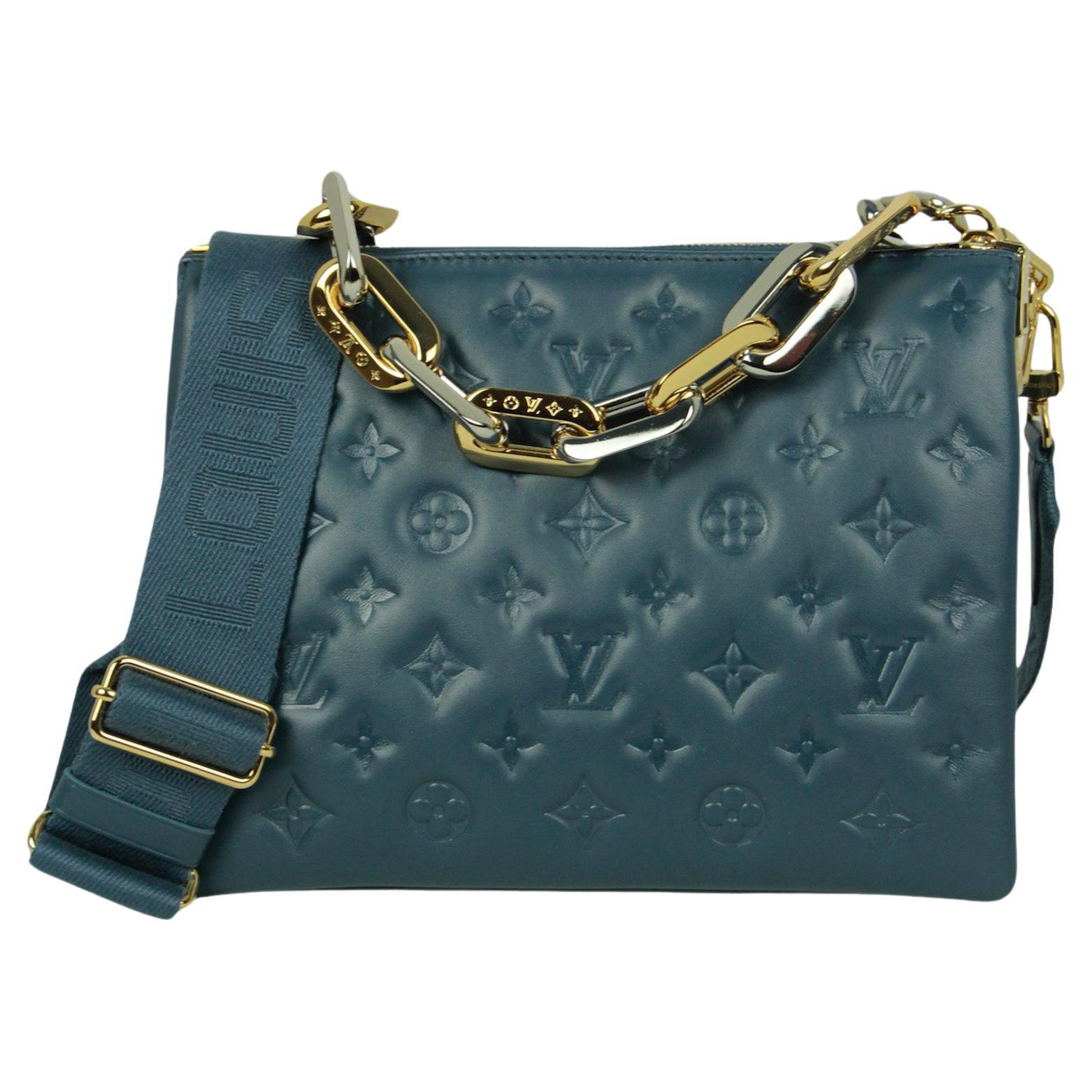 Louis Vuitton Storm Blue Leather Embossed Monogram Coussin PM Bag For Sale