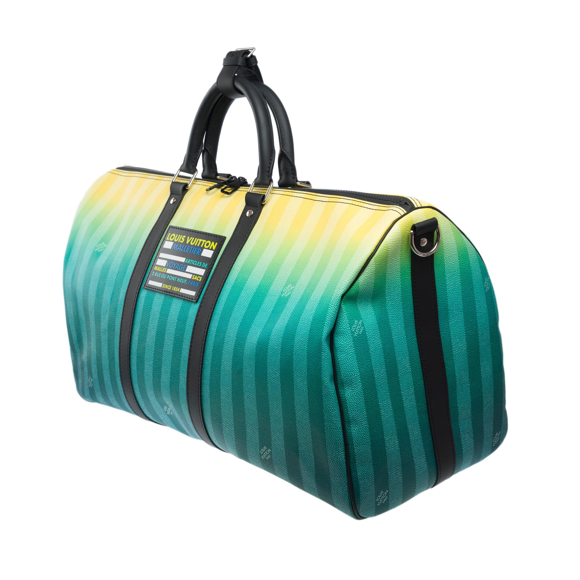 Louis Vuitton Striped damier Keepall 50 Travel Bag in Turquoise canvas, PHW In Excellent Condition For Sale In Paris, IDF