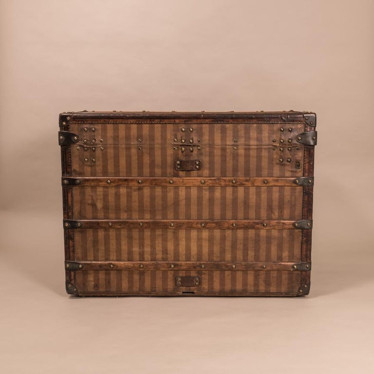 LOUIS VUITTON Antique Black Steamer Trunk with Red and Blue Stripe - RubyLUX