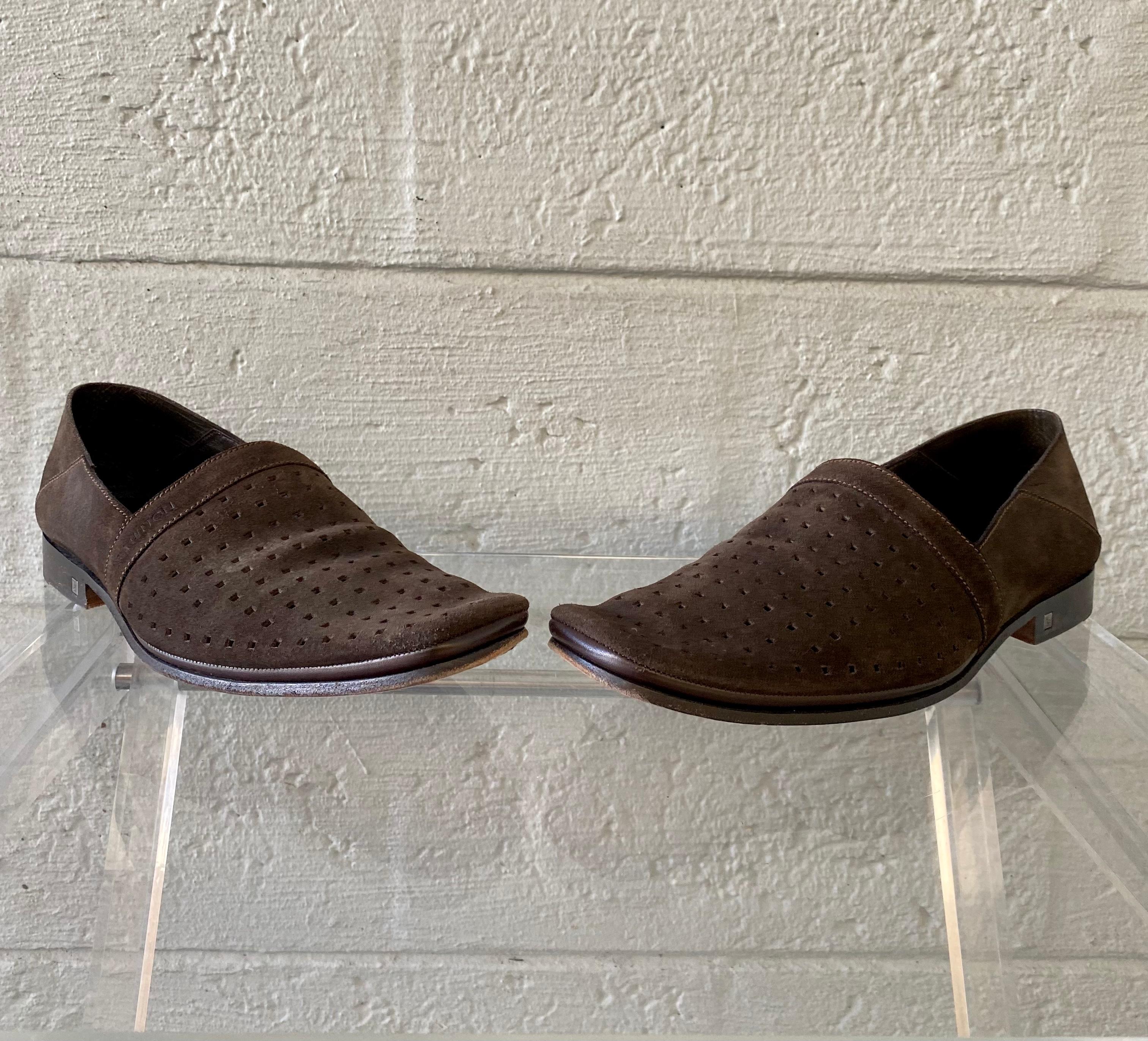 Purposely created to exude style and provide comfort wherever you go, this pair of loafers by Louis Vuitton is absolutely worth the buy! They have been finely crafted from perforated suede, styled with and finished with low heels that have the LV