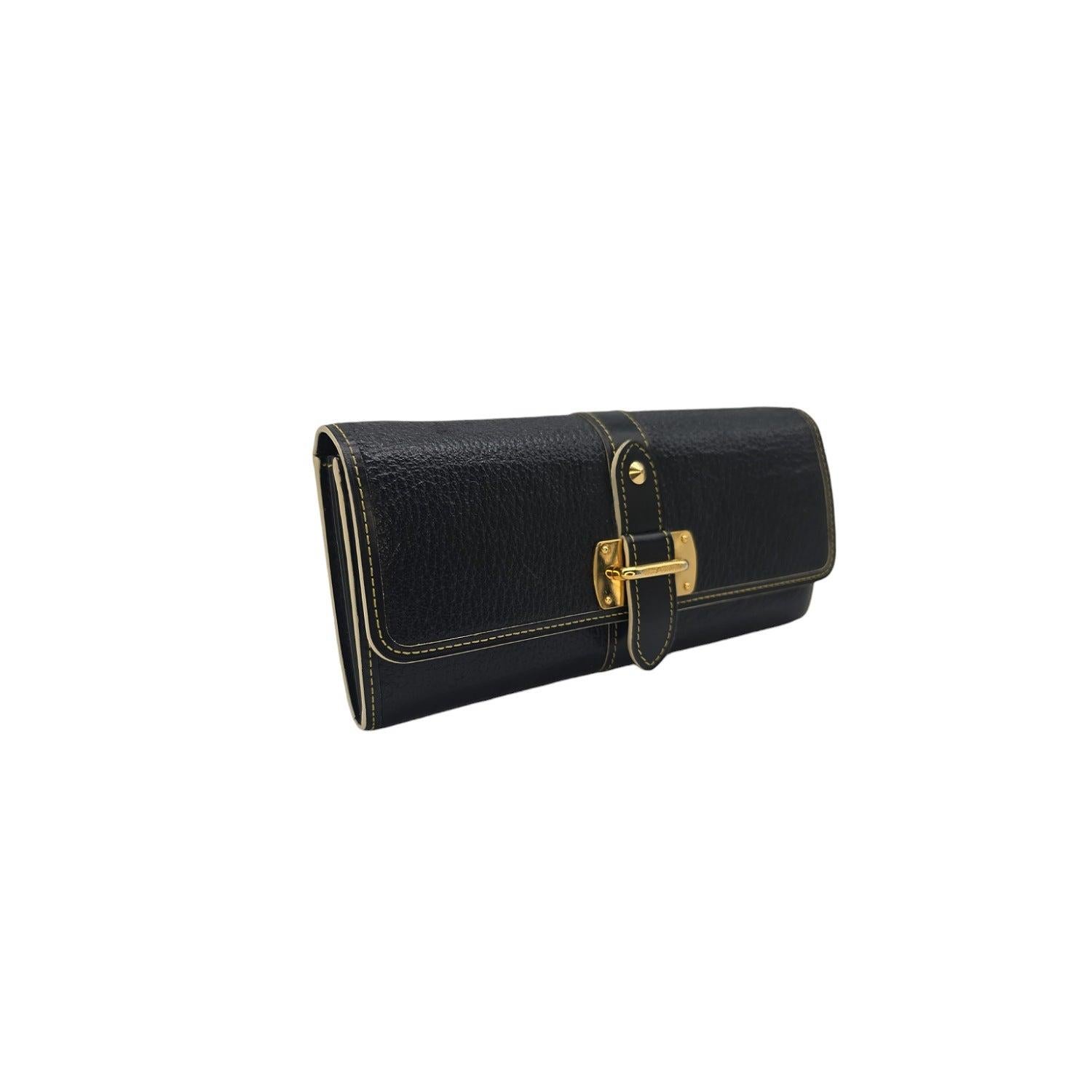 Expertly crafted from luxurious black Suhali leather, the Louis Vuitton Suhali Le Favori Wallet combines sophisticated style with practicality. Secure your belongings with the front snap closure and stay organized with multiple interior
