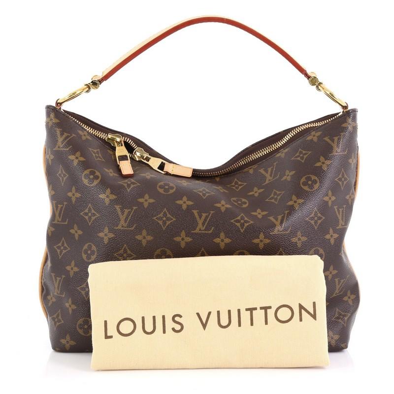 This Louis Vuitton Sully Handbag Monogram Canvas PM, crafted from brown monogram coated canvas, features thick vachetta cowhide looped strap and gold-tone hardware. Its two-way top zip closure opens to a brown fabric interior with slip pockets.