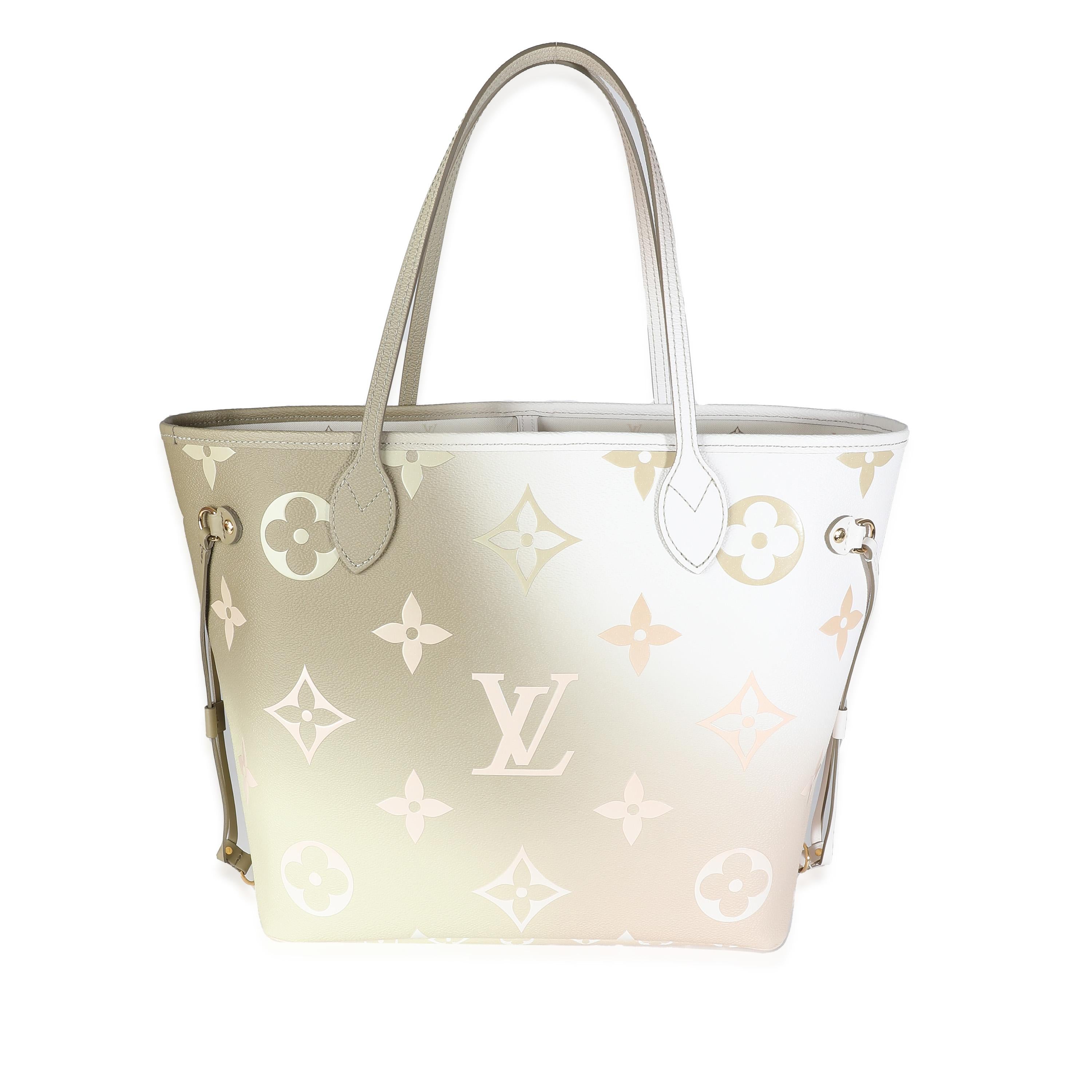 Listing Title: Louis Vuitton Sunset Kaki Monogram Giant Spring In The City Neverfull MM
SKU: 141950
MSRP: 3450.00 USD
Condition: Pre-owned 
Condition Description: Released in 2007, the Louis Vuitton Neverfull bag has since become one of the House's