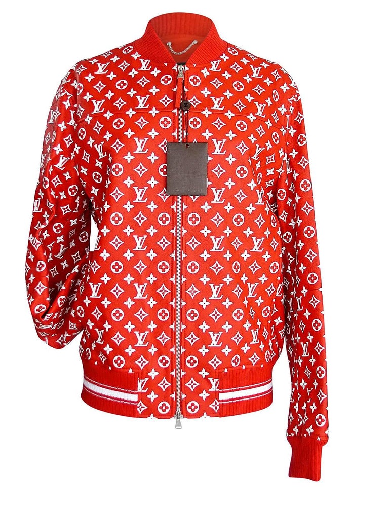 Louis Vuitton Supreme X Leather Bomber Varsity Jacket Monogram Ltd Ed size 50 For Sale at 1stdibs