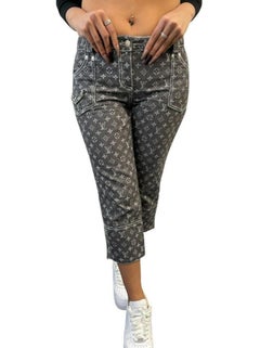 Louis Vuitton Sz 2  Grey Denim Monogram Cropped Jeans Capri Pants Upcycle 13lz41