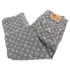 Louis Vuitton Sz 2  Grey Denim Monogram Cropped Jeans Capri Pants Upcycle 13lz41