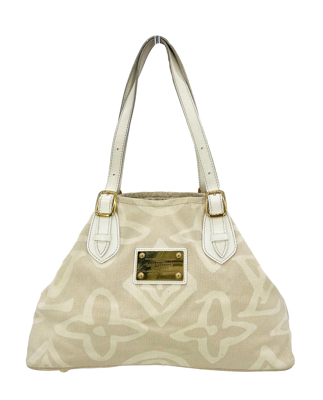 Louis Vuitton Tahitienne Cabas Bag Limited Edition in good condition. Beige and cream printed woven canvas exterior trimmed with white leather and gold hardware. Engraved name plate on front exterior side reads 