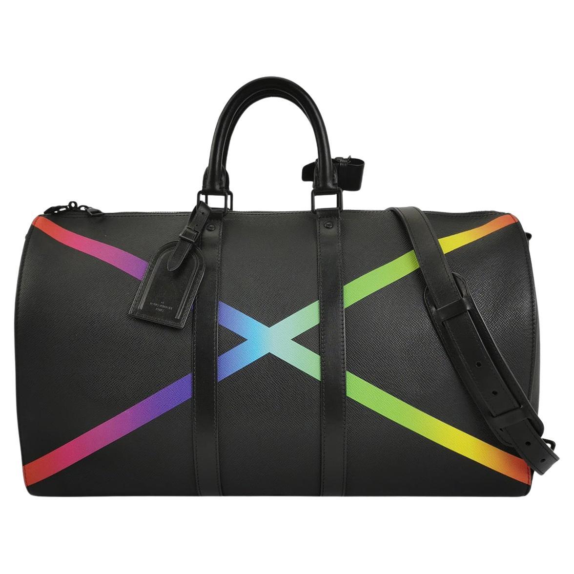 Louis Vuitton Taiga Rainbow Black Keepall Bandouliere 50 Leather For Sale