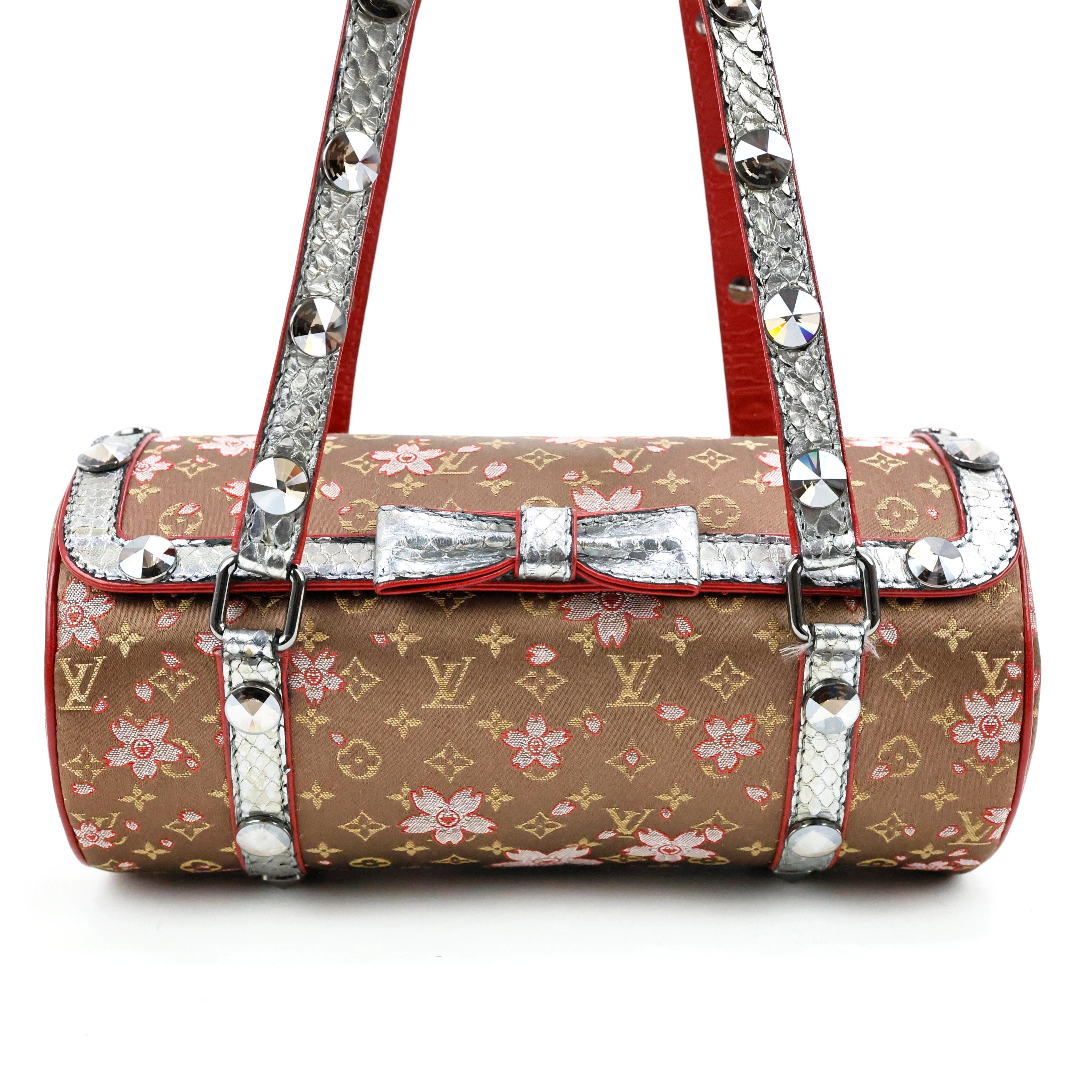 Brown Rare Louis Vuitton Takashi Murakami Cherry Blossom Silk Python Papillon Bag For Sale