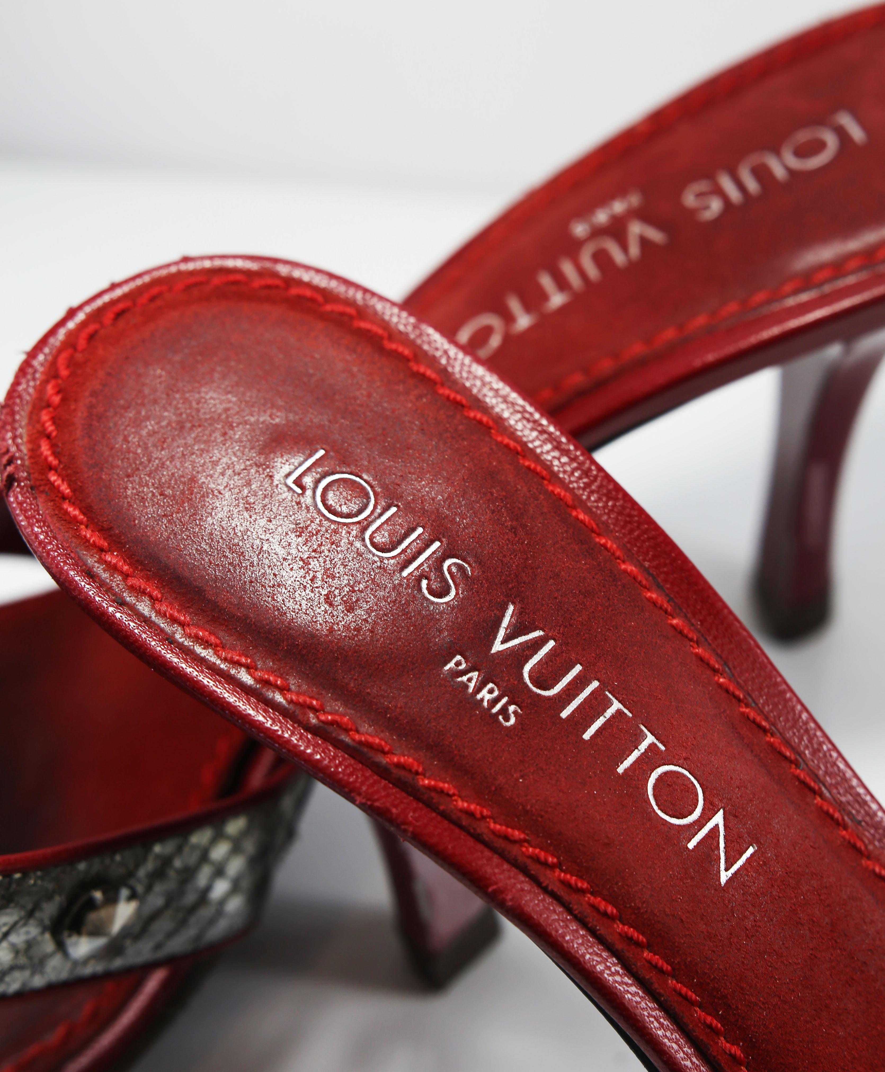Louis Vuitton Takashi Murakami Monogram Satin Cherry Blossom Open Toe Sandal 
Made In: France 
Color: Red Bourdeaux
Materials: Leather
Closure/Opening: Slip-on
Overall Condition: Very good pre-owned condition, restored soles, the hardware and the