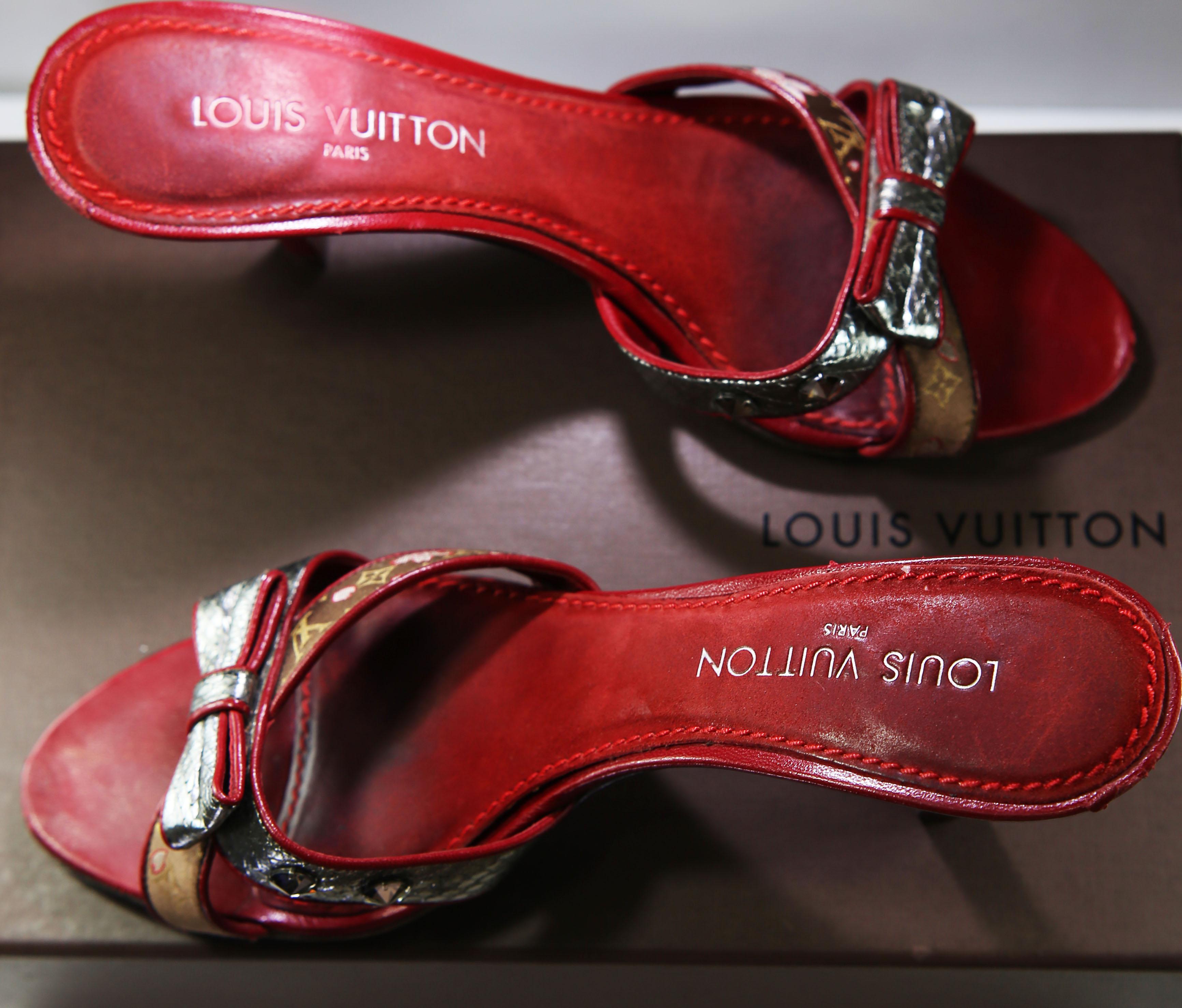 Red Louis Vuitton Takashi Murakami Satin Cherry Blossom Open Toe Sandal 