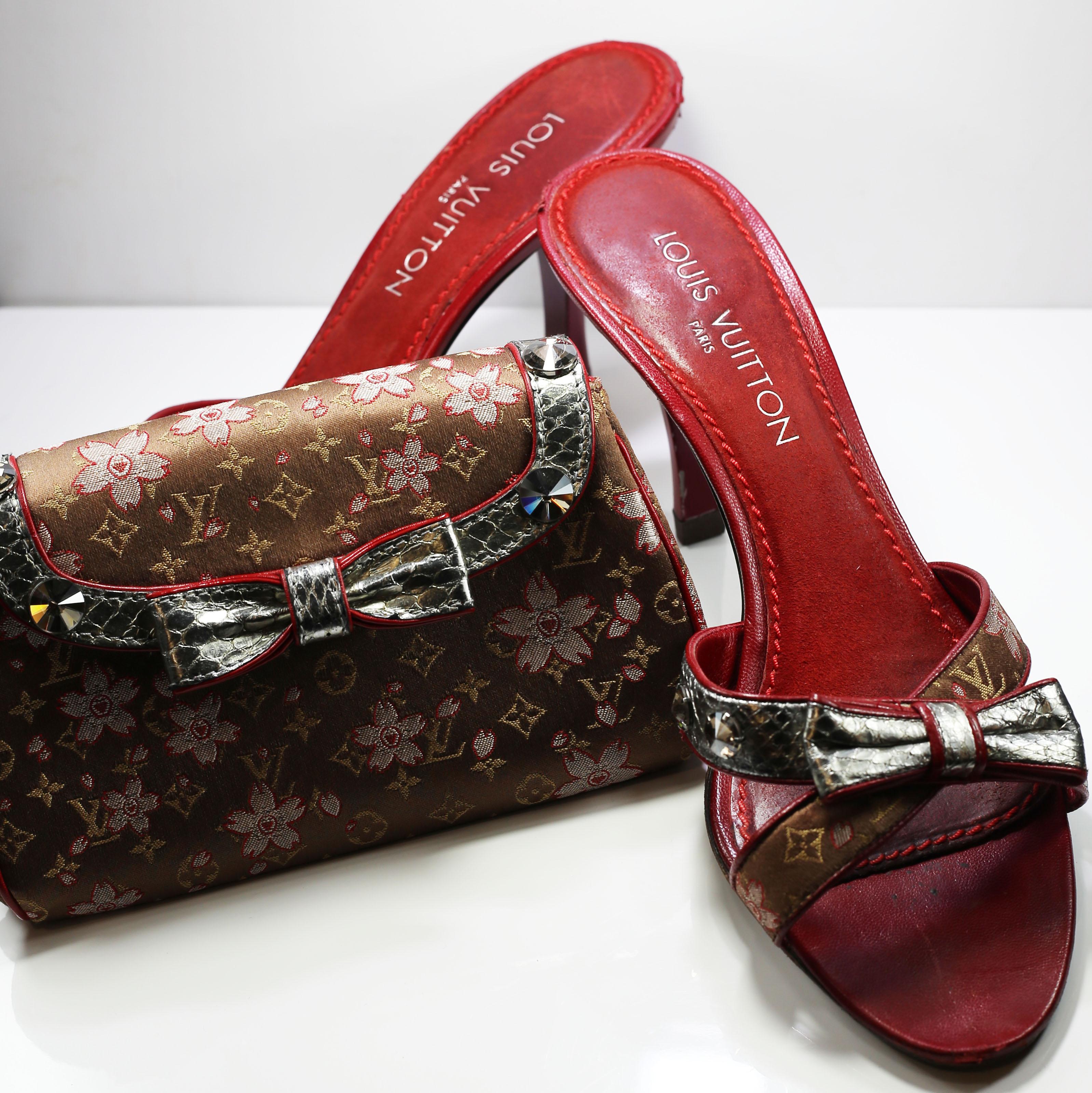 Louis Vuitton Takashi Murakami Monogram Satin Cherry Blossom Open Toe Sandal 
Made In: France 
Color: Red Bourdeaux
Materials: Leather

Bag:
Belt strap lenght: 142cm / 55.90 inches
Width & Height purse 16x10 cm / 6,29x3,93
Sandals: 
Closure/Opening: