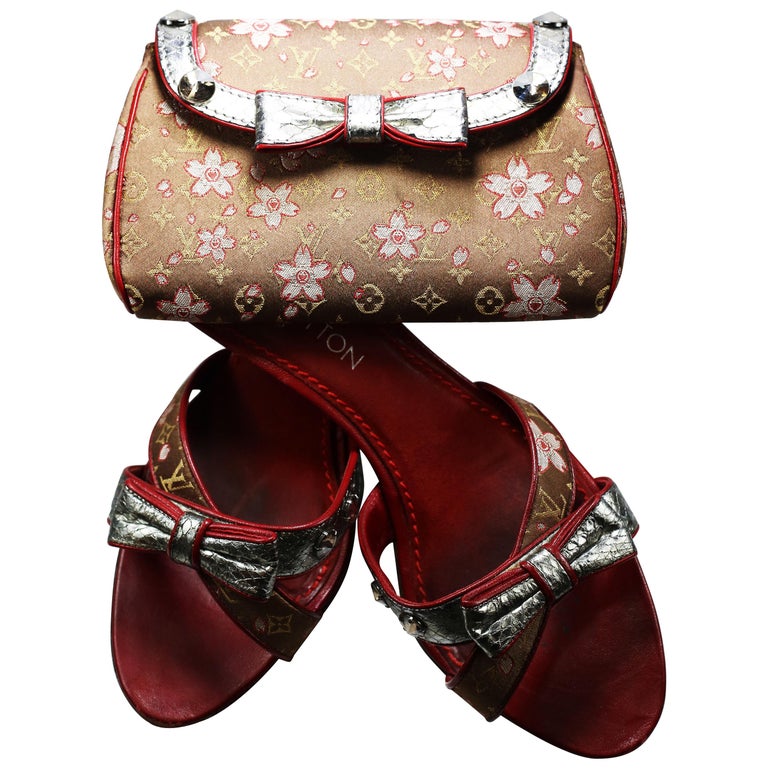 Louis Vuitton Takashi Monogram Satin Cherry Blossom Set of Sandal Bag For Sale at 1stDibs