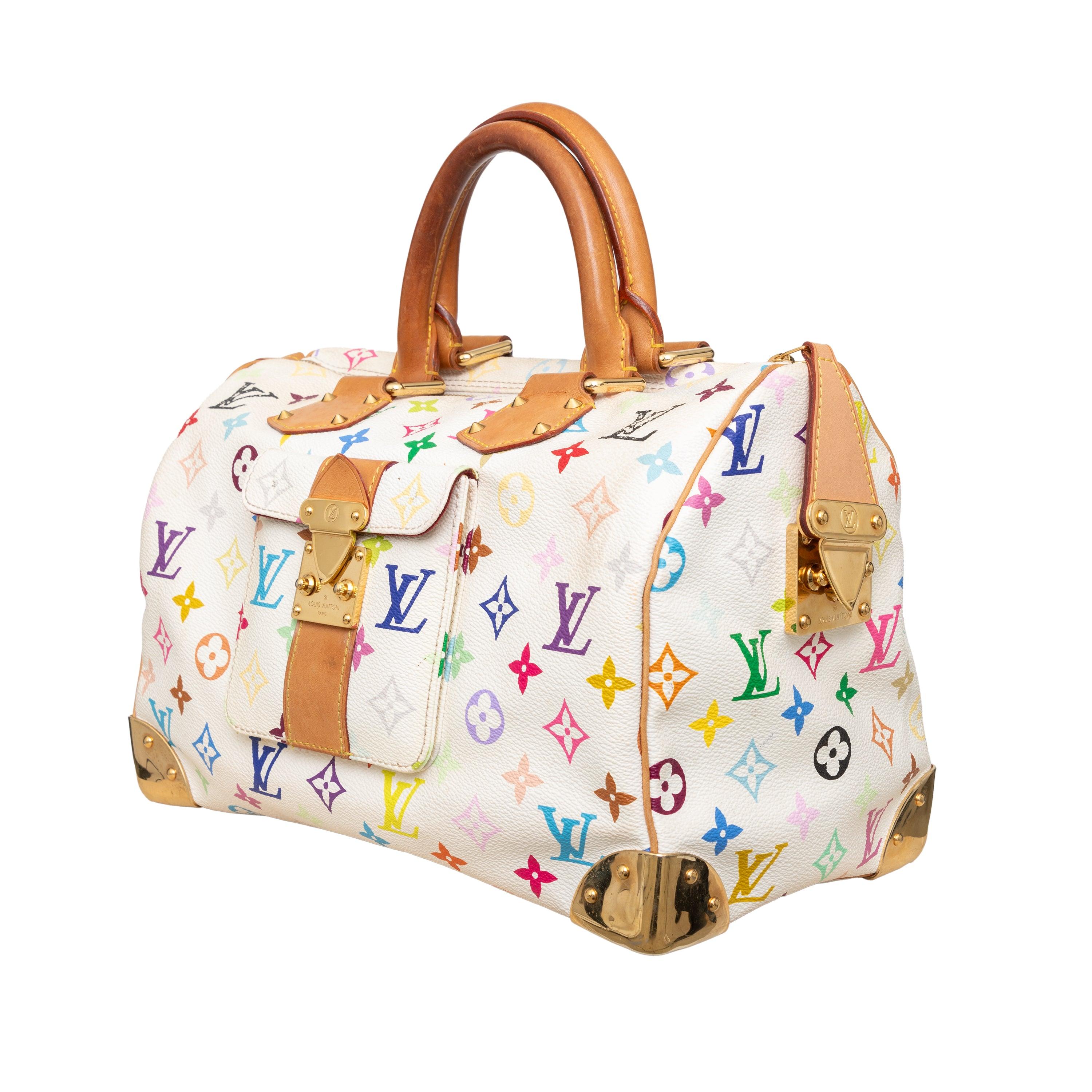 The iconic Louis Vuitton Speedy 30 handbag, reimagined by Japanese artist Takashi Murakami, features a splash of vibrant color with its multicolored monogram print. Crafted with white canvas and natural leather finishes, this bag also includes