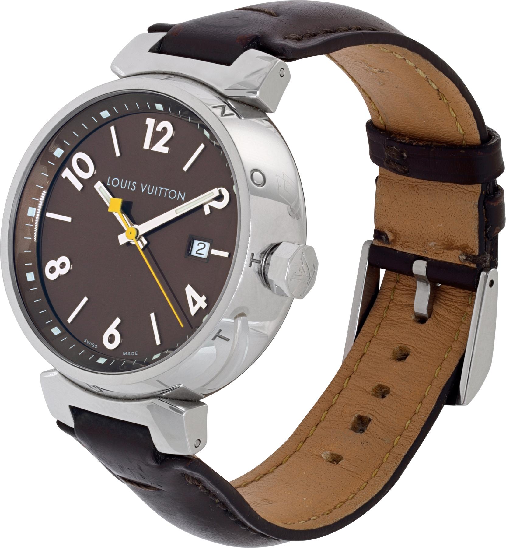 Louis Vuitton Tambour in stainless steel. Quartz w/ sweep seconds and date. 39 mm case size. Ref q1111. Fine Pre-owned Louis Vuitton Watch.

 Certified preowned Classic Louis Vuitton Tambour Q1111 watch is made out of Stainless steel on a Brown