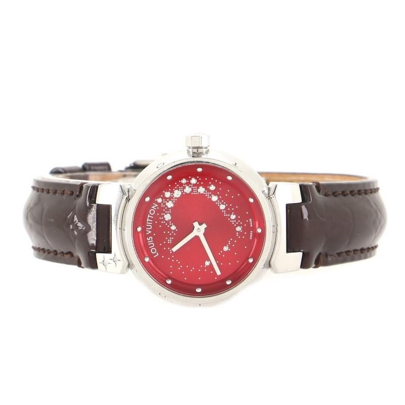 Louis Vuitton Tambour Attraction Quartz Watch Stainless Steel and Leather 27 In Good Condition In New York, NY