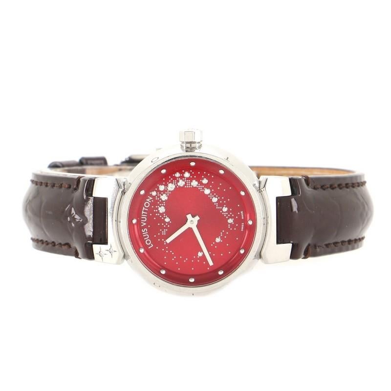 Louis Vuitton Tambour Attraction Quarzuhr aus Edelstahl und Leder 27 Damen