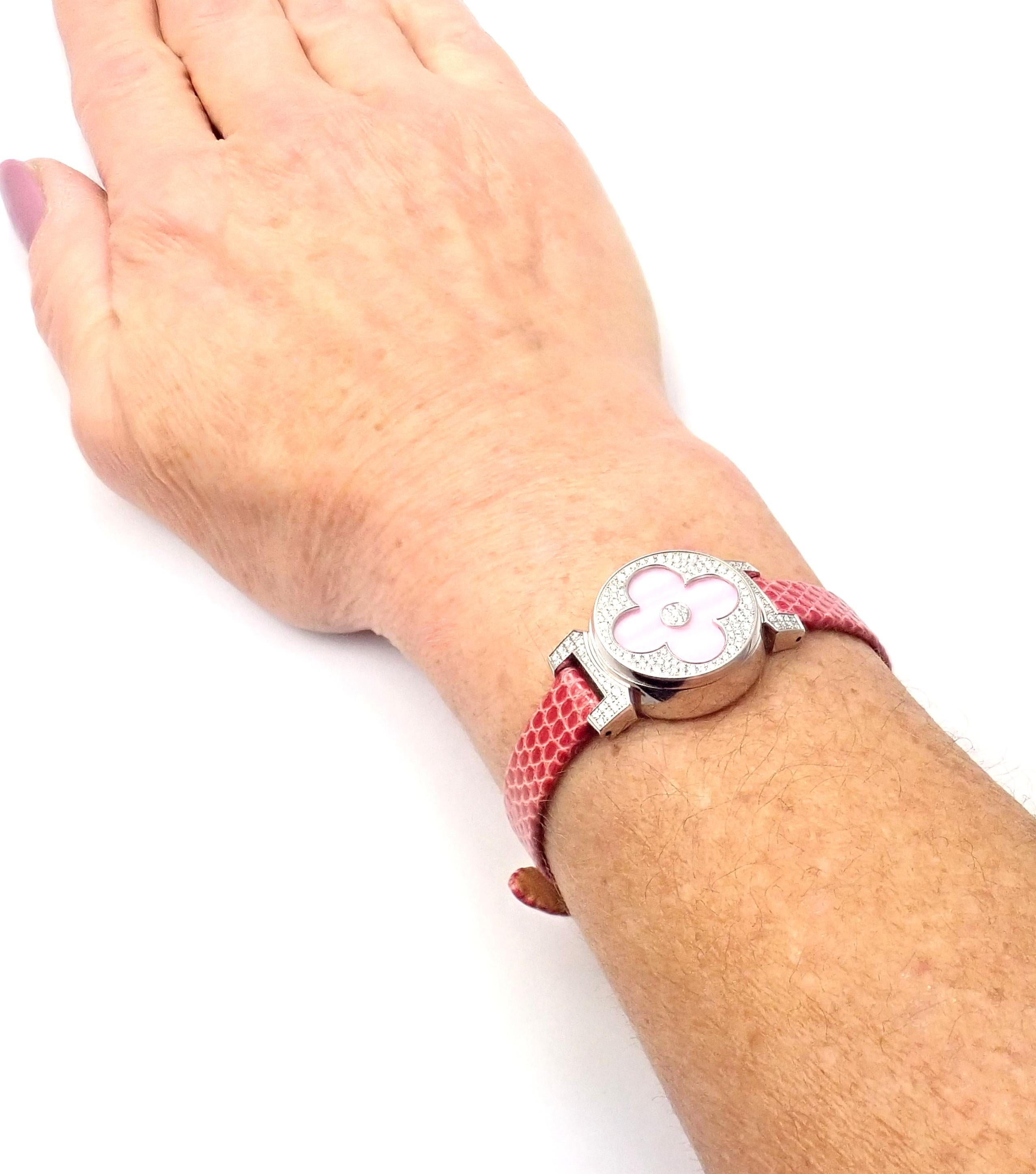 Louis Vuitton Tambour Bijou Diamond Pink Mother of Pearl White Gold Secret Watch 3