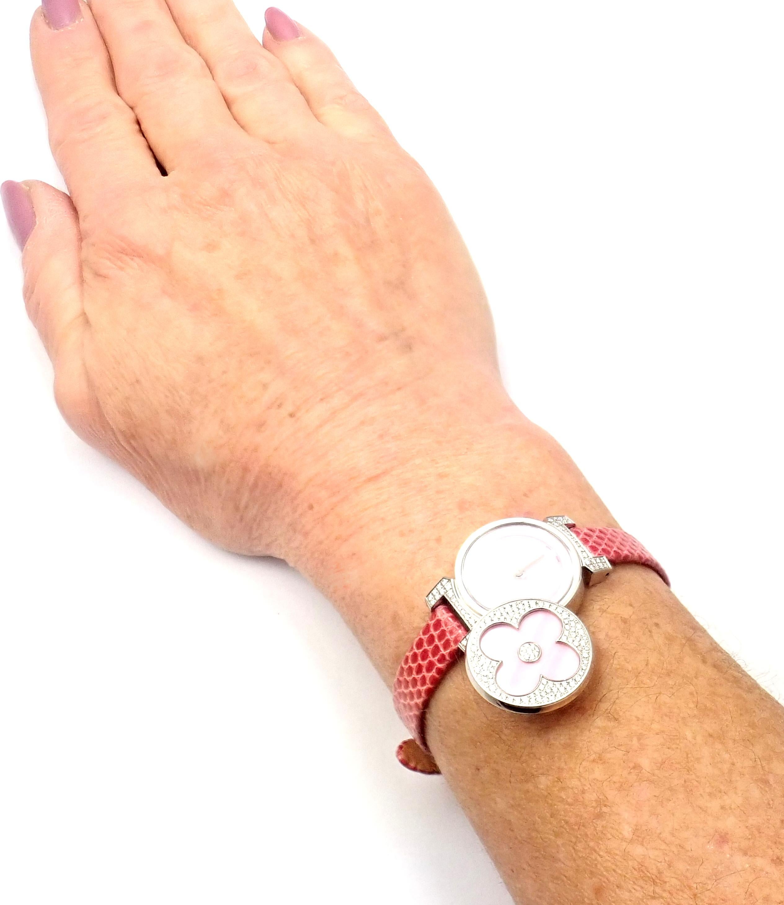 Louis Vuitton Tambour Bijou Diamond Pink Mother of Pearl White Gold Secret Watch 4