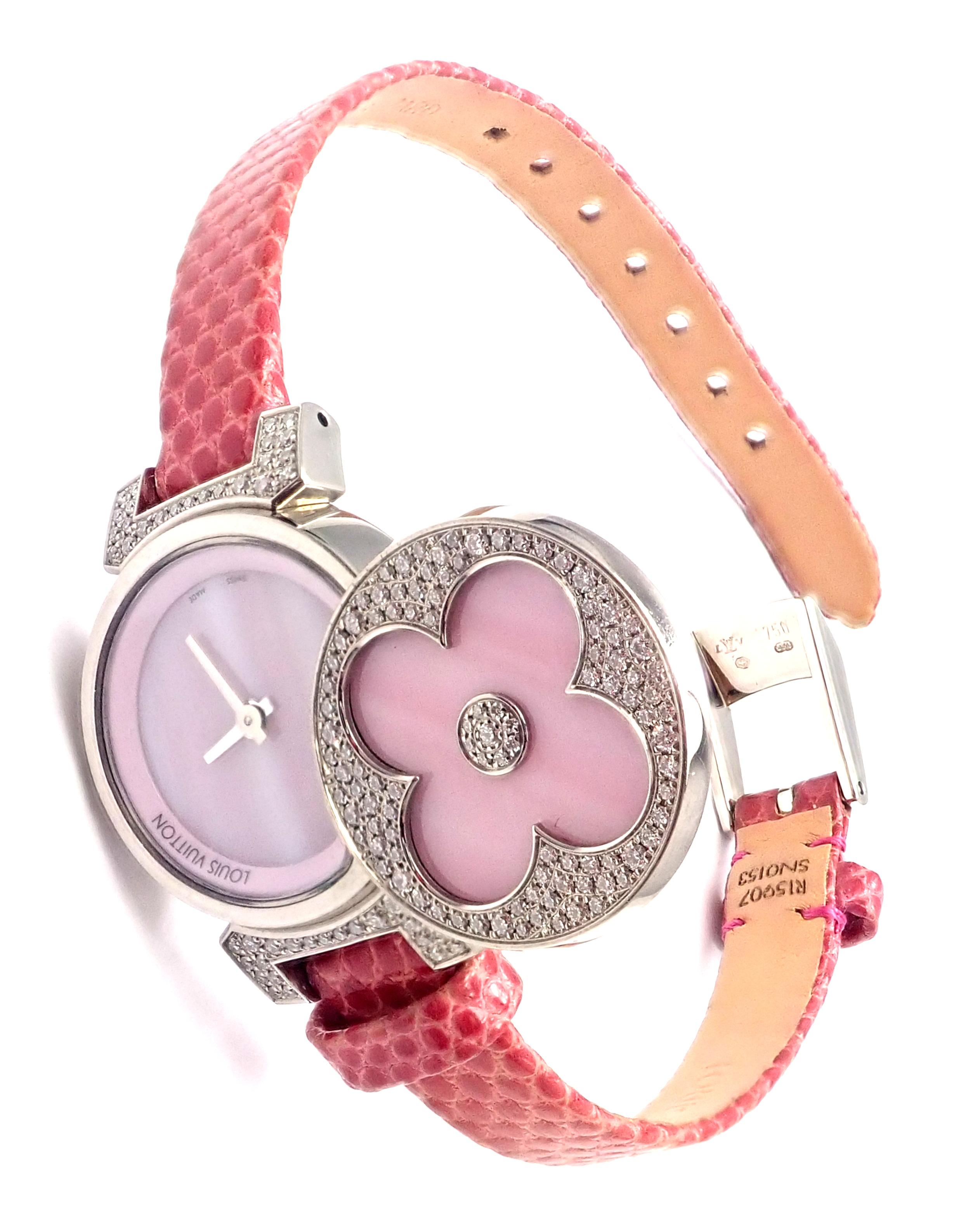 18k White Gold Diamond Pink Mother Of Pearl Tambour Bijou Secret Wristwatch by Louis Vuitton.
With Round brilliant cut diamonds VS1 clarity, E color
This is a limited edition watch there are 23 watches like this one ever made, this one is number