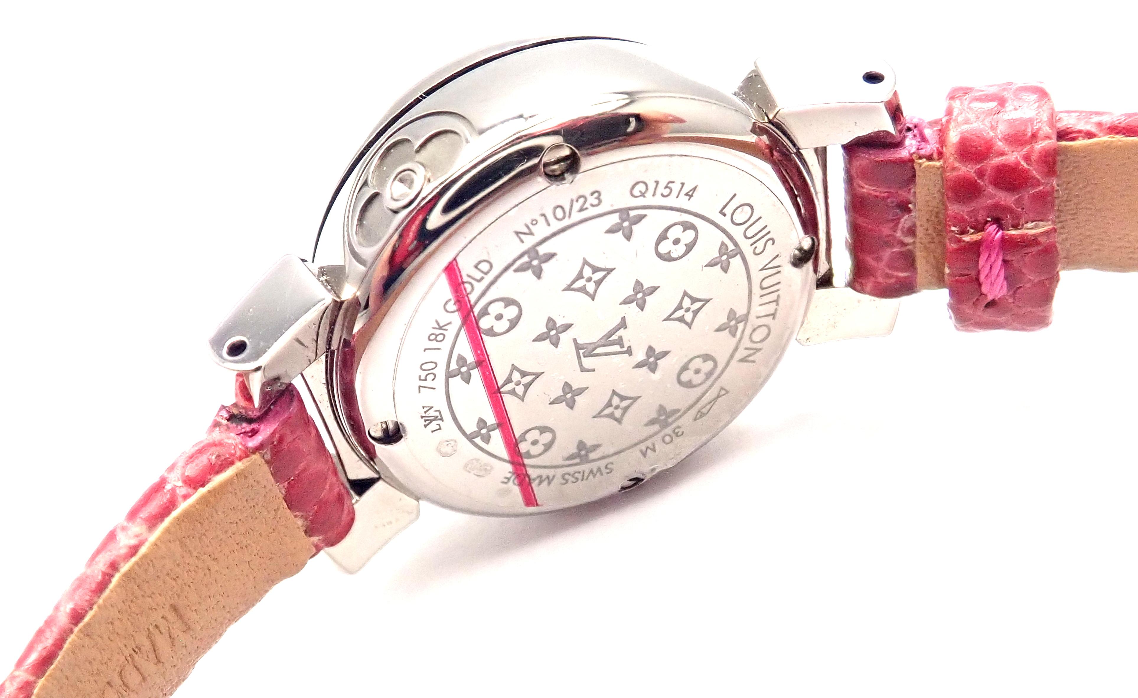 Brilliant Cut Louis Vuitton Tambour Bijou Diamond Pink Mother of Pearl White Gold Secret Watch