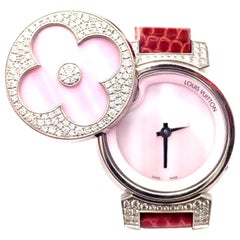 Louis Vuitton - Tambour Bijou - Montre secrète en or blanc avec diamants et nacre rose