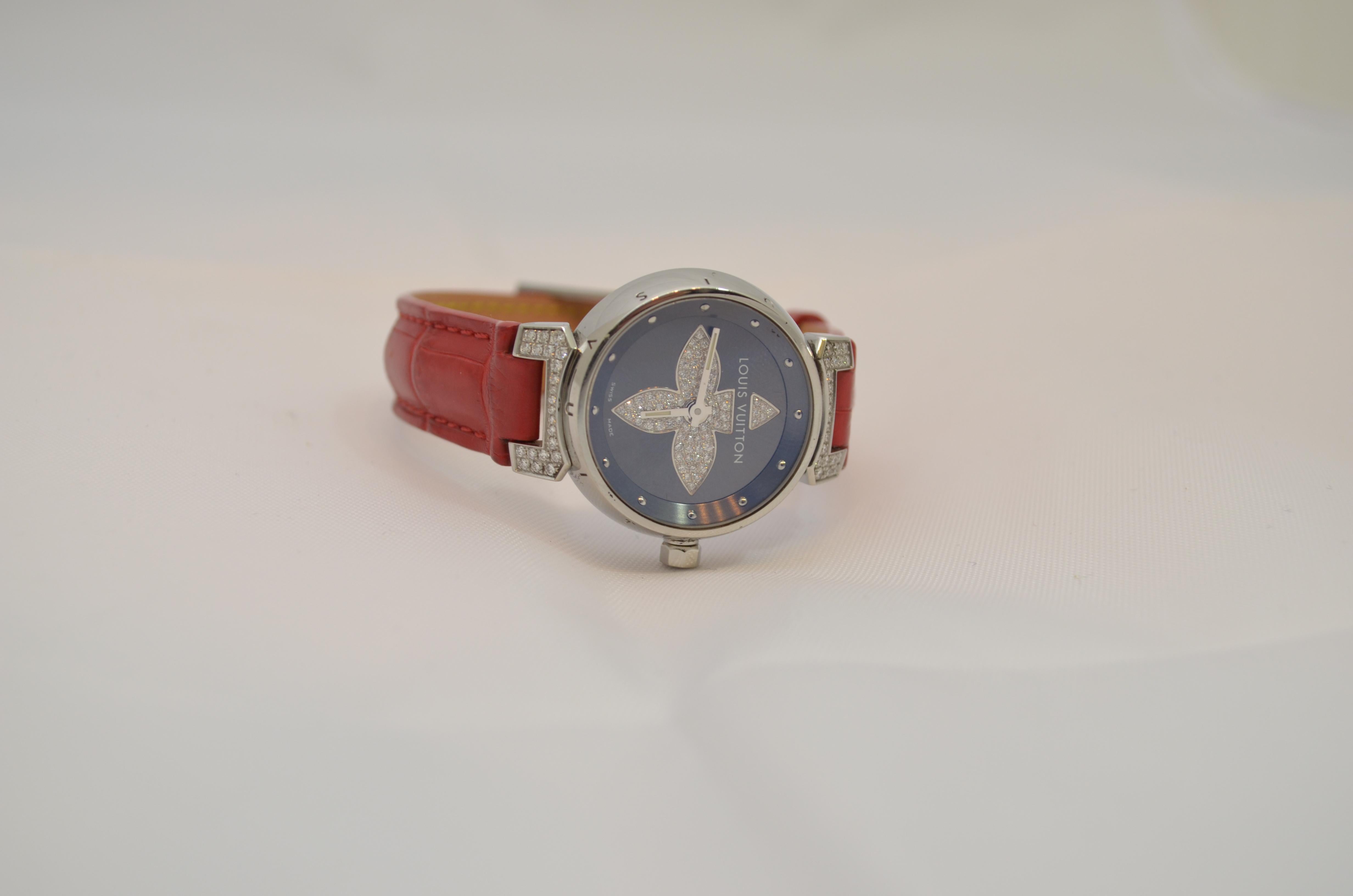 Louis Vuitton Tambour Bijoux Red Watch with Diamonds  In Excellent Condition In Carmel, CA
