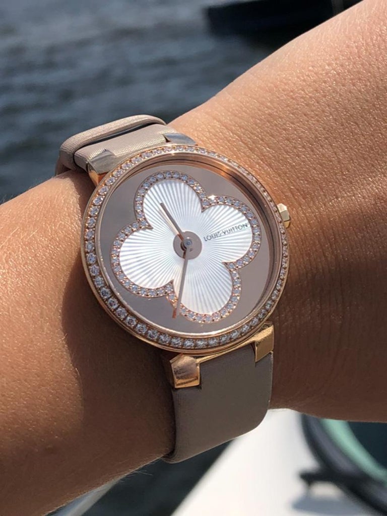 Louis Vuitton Tambour Blossom 35 Rose Gold Diamond Watch For Sale