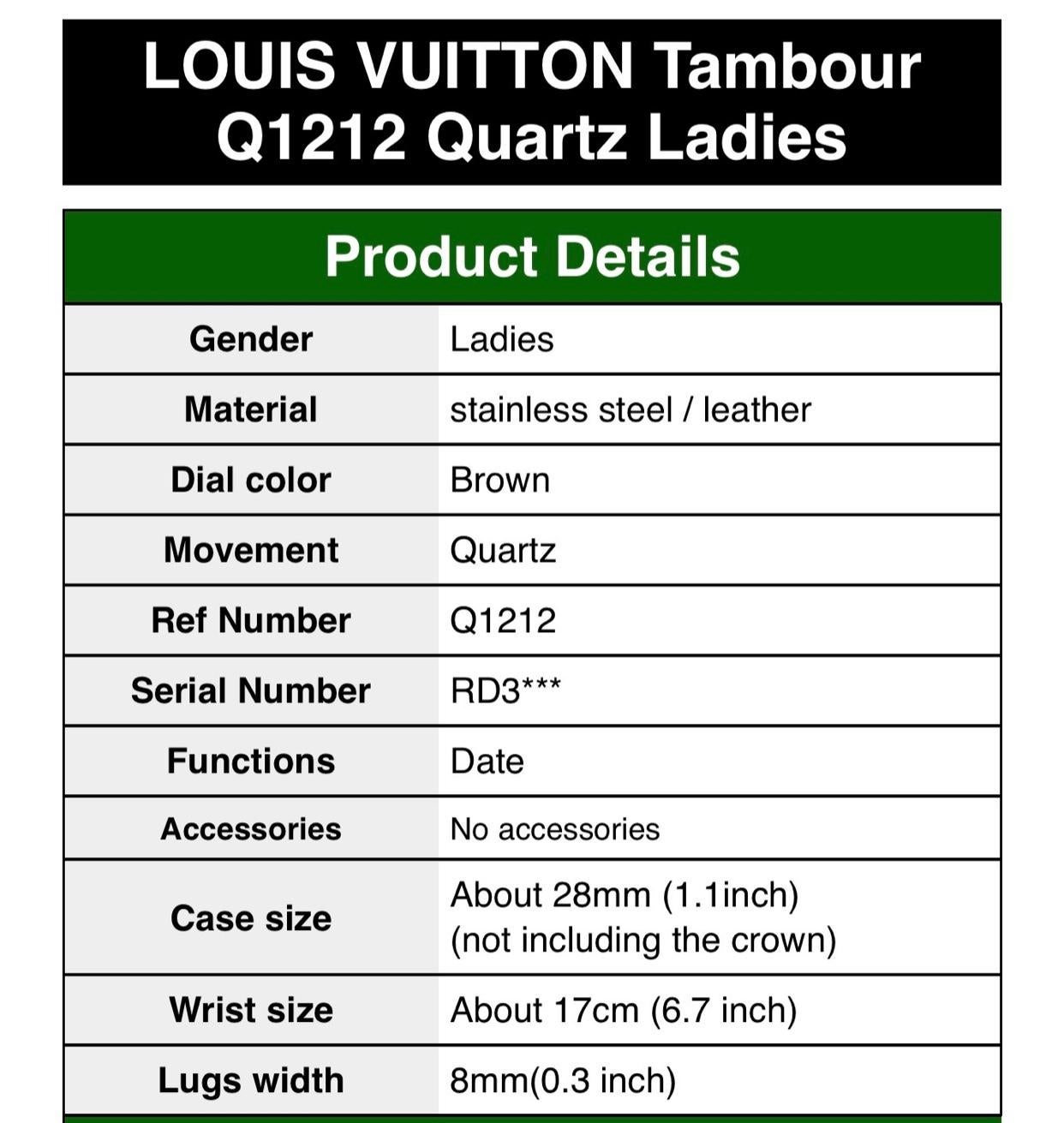 
Louis Vuitton Tambour Q1212 Quartz Ladies Watch , Louis Vuitton Monogram Leather Belt .
Ladies
Stainless Steel/leather
Brown
Quartz
Q1212
28 mm (1.1 Inch )
Wrist Size 17 cm
Lugs Width 8 mm
For details please look at the pictures.
Made in France
I