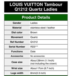 Louis Vuitton Tambour Q1212 Quarz-Damenuhr, Louis Vuitton Monogramm Leder