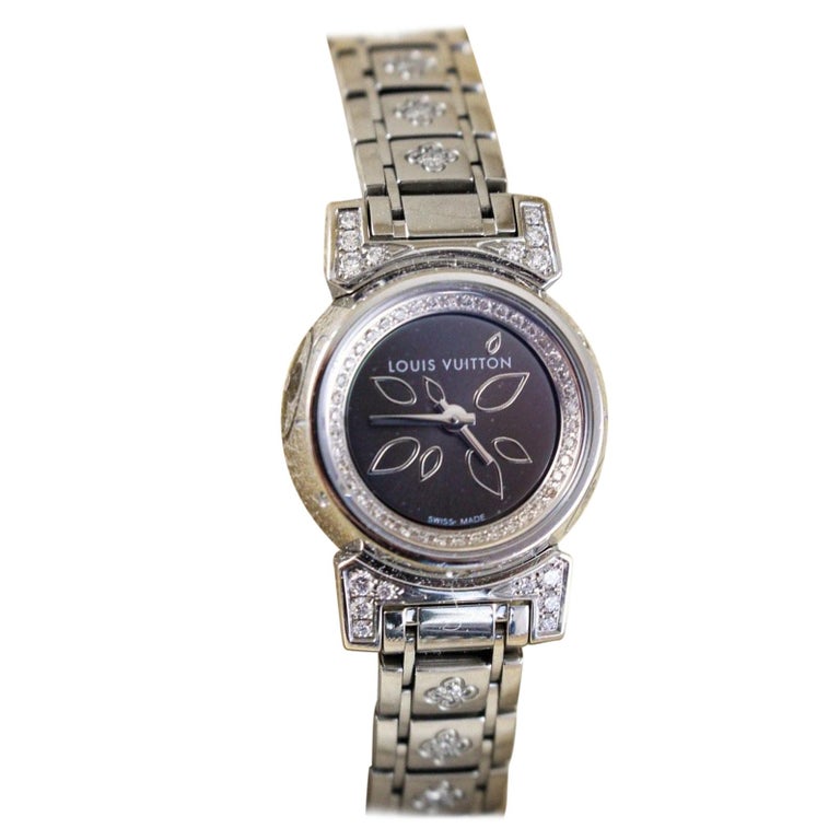 Louis Vuitton Tambour Stainless Steel Diamonds Ladies Watch For Sale at