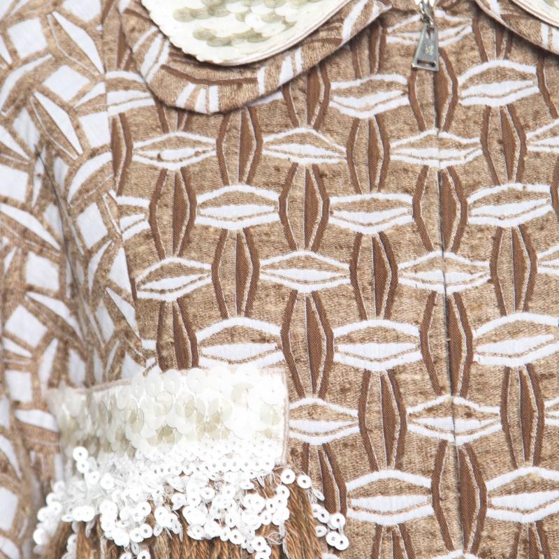 Louis Vuitton Tan Embroidered Sequined Fringe Trim Dress Coat L In Good Condition In Dubai, Al Qouz 2