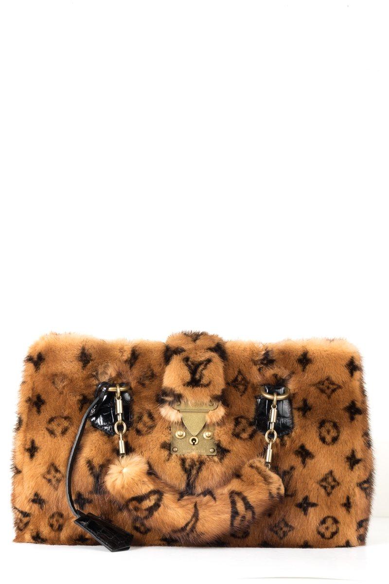 Louis Vuitton tan and brown monogram mink Vision Le Fabuleux bag with brass hardware, dual rolled top handles, black alligator trim, brown leather lining, single pocket at interior wall, three interior compartments; one with zip closure and S-lock