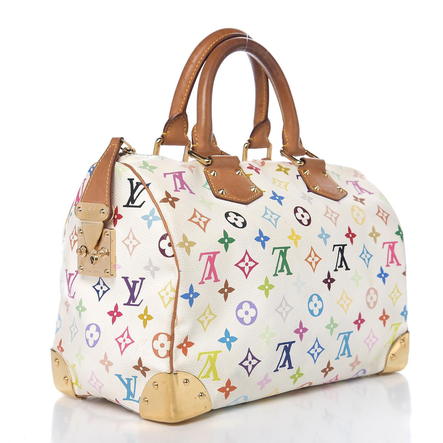 This classic tote bag is crafted of Multicolor Louis Vuitton monogram canvas in 33 vibrant colors on white coated canvas. This handbag features vachetta cowhide leather piping, sturdy rolled leather top handles, an external flap pocket on the front