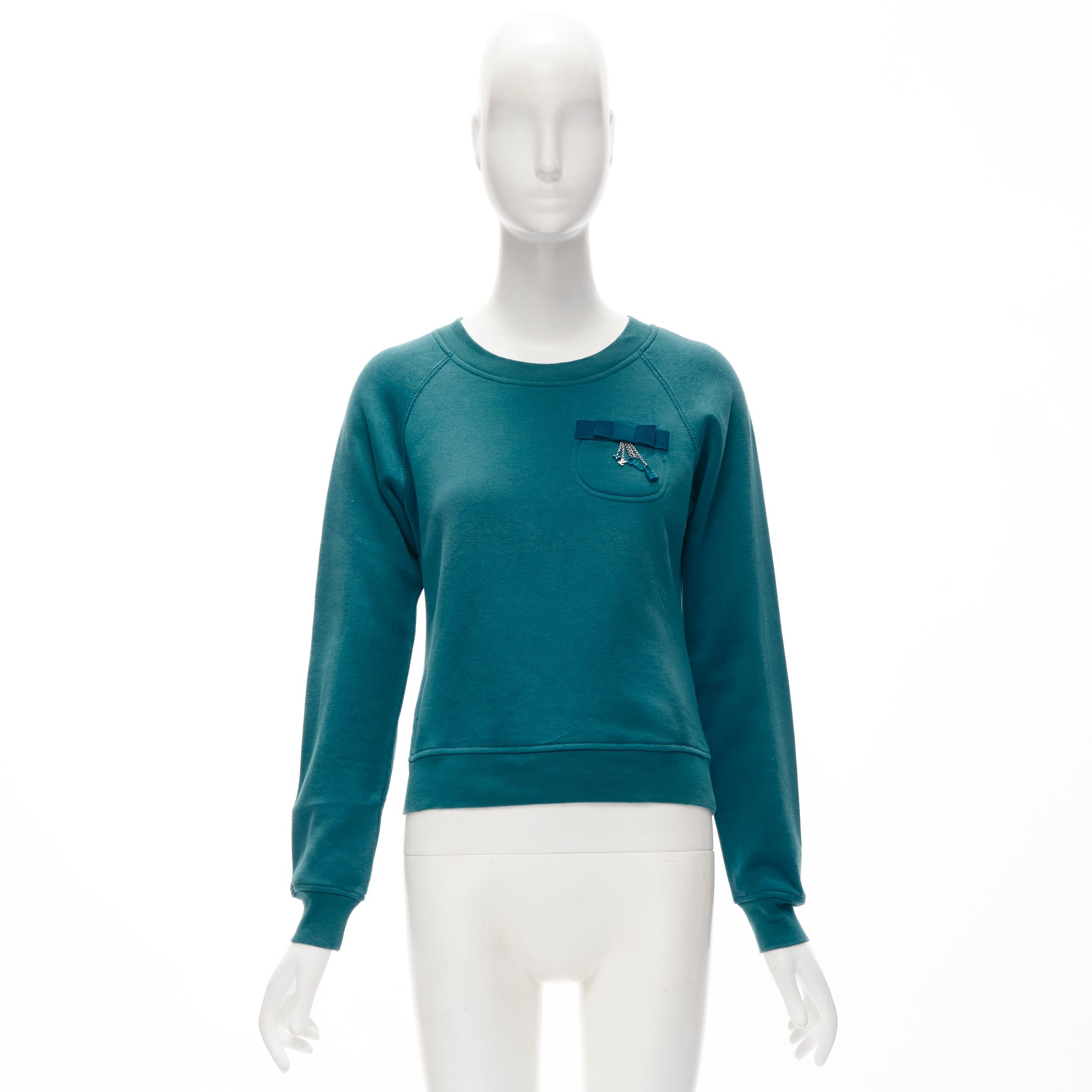LOUIS VUITTON teal blue bow lock charm patch pocket cotton fleece sweater S For Sale 1