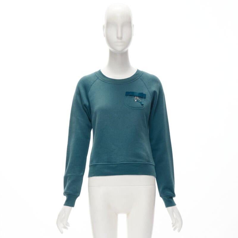LOUIS VUITTON teal blue bow lock charm patch pocket cotton fleece sweater S For Sale 4