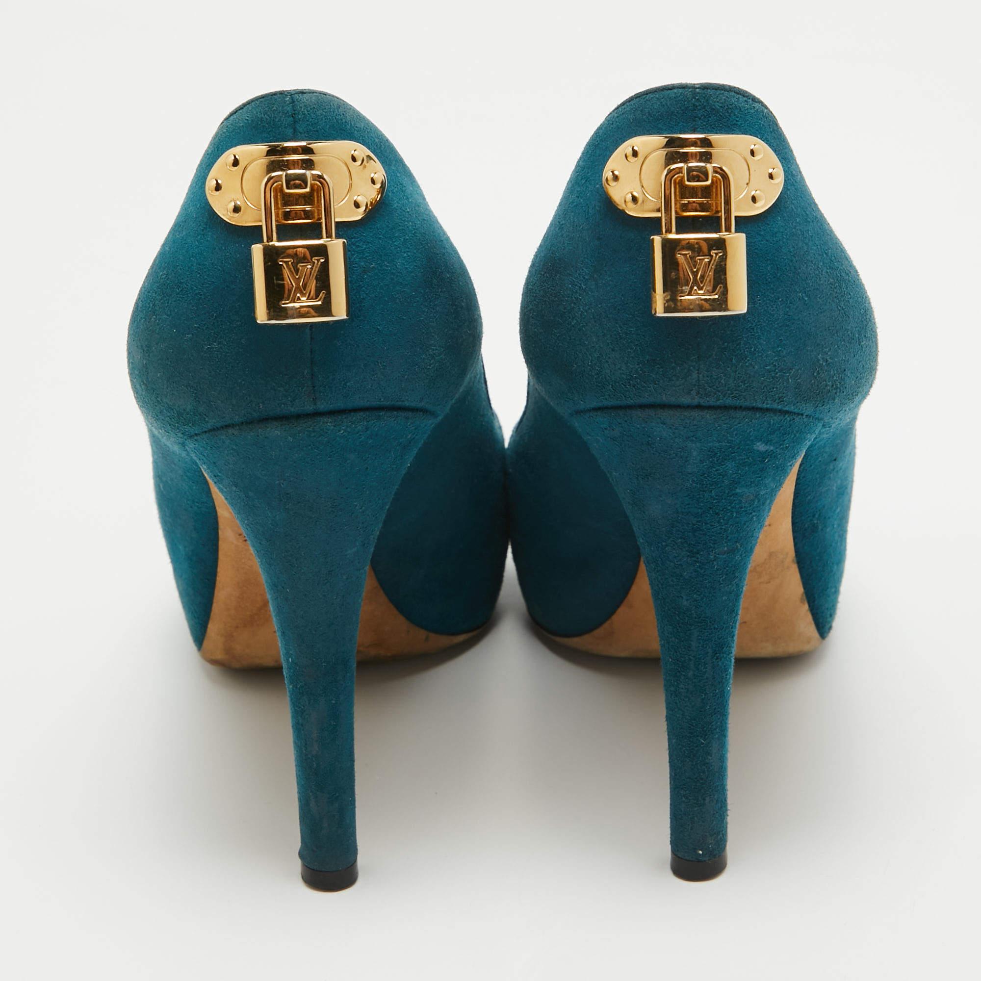Louis Vuitton Teal Suede Oh Really! Peep Toe Pumps Size 38.5 For Sale 2