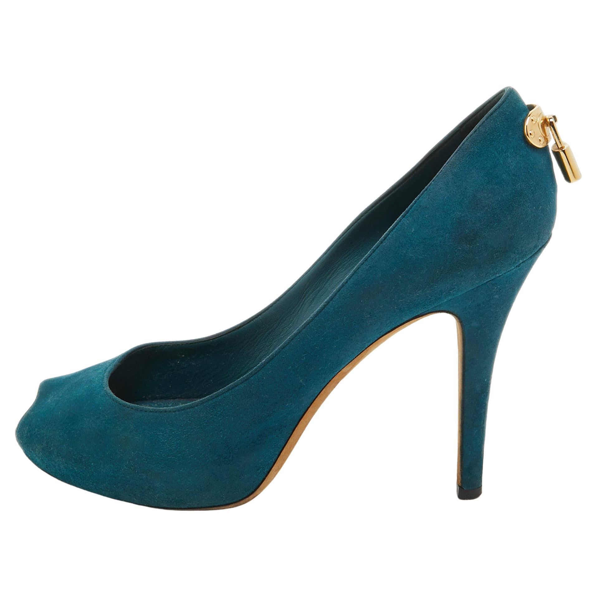 Louis Vuitton Teal Suede Oh Really! Peep Toe Pumps Size 38.5 For Sale