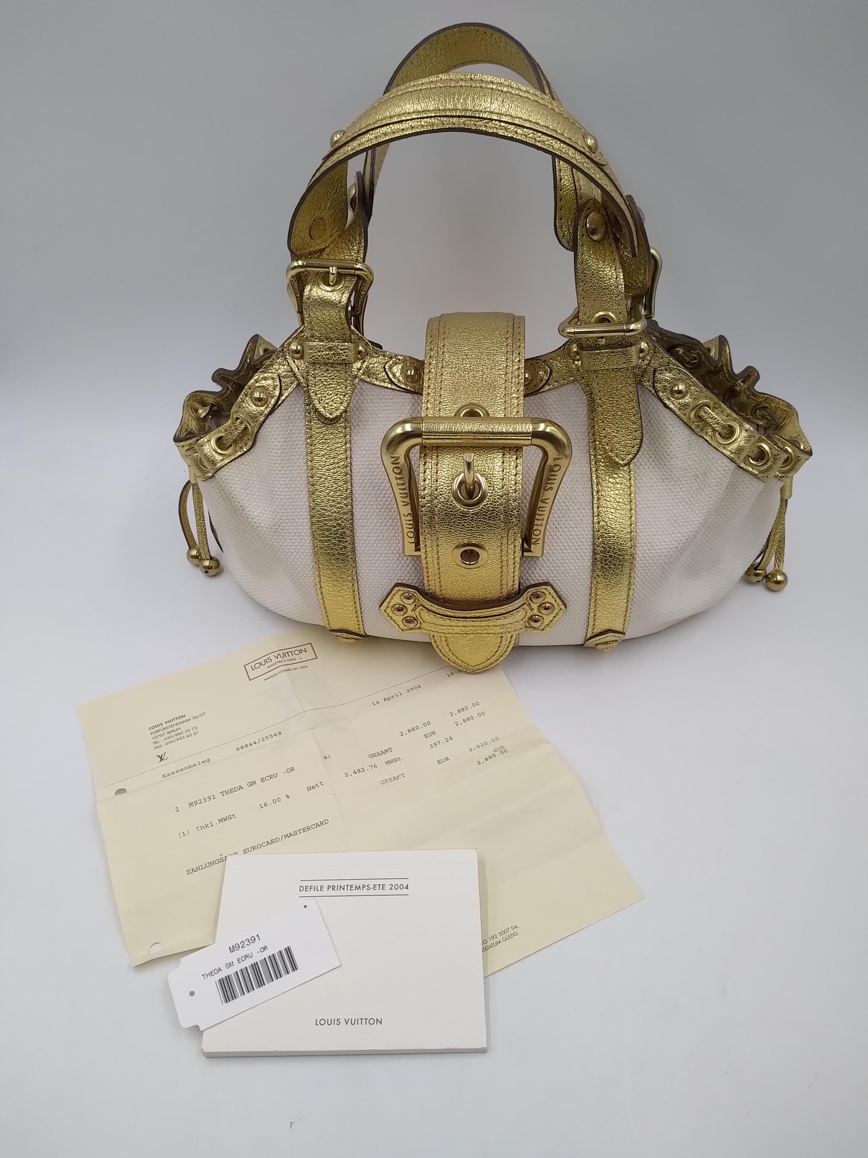 Louis Vuitton Theda Borsa in pelle canvas oro e beige ecru GM, 2004 in vendita 10